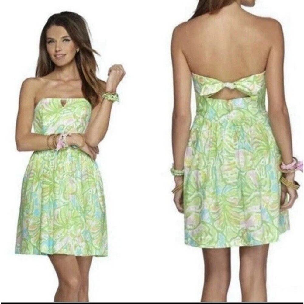 Lilly Pulitzer Size 0 Richelle Strapless Tie Back Dress Elephant Ear Green Pink